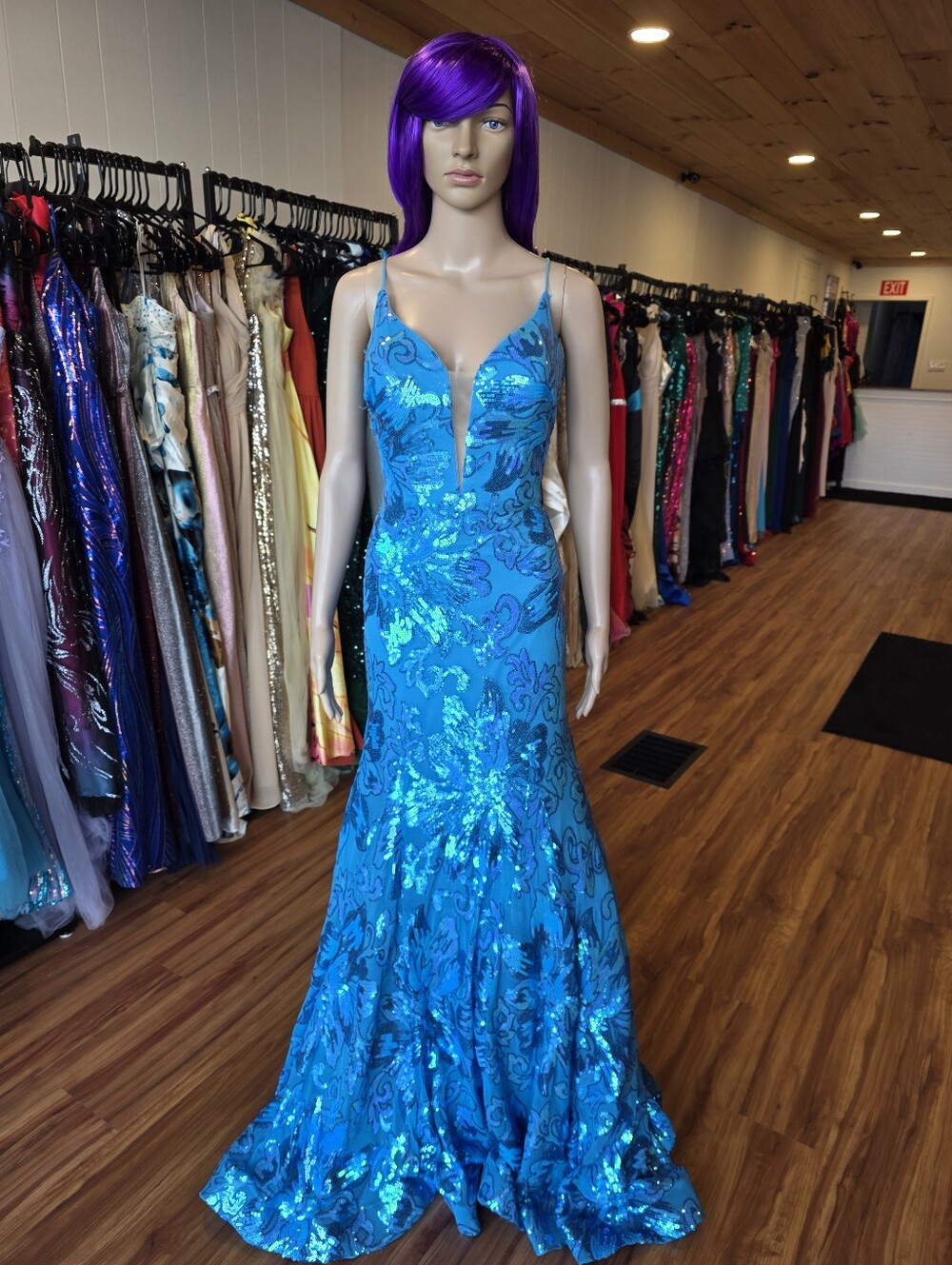 Beautiful Blue Sequin V-Neck Evening Gown Formal Prom dress